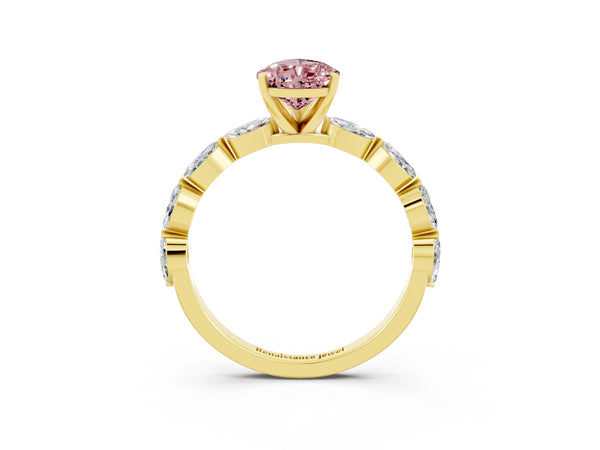 Yellow gold Pear Cut Morganite Ring with Marquise Side Stones and Prong Setting