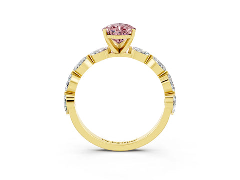 Yellow gold Pear Cut Morganite Ring with Marquise Side Stones and Prong Setting_3