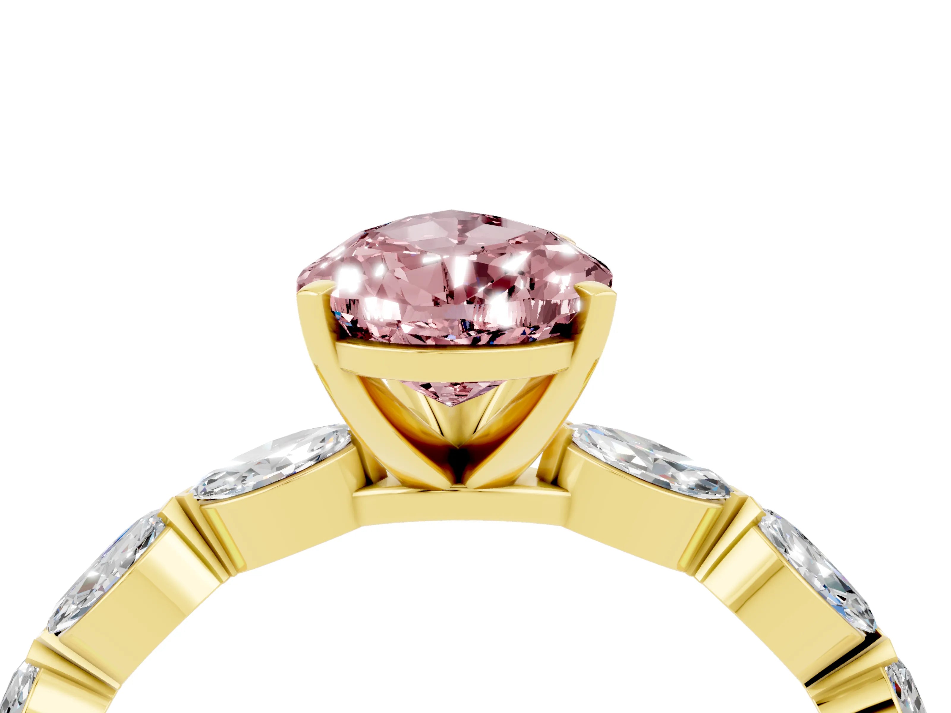 Yellow gold Pear Cut Morganite Ring with Marquise Side Stones and Prong Setting_4