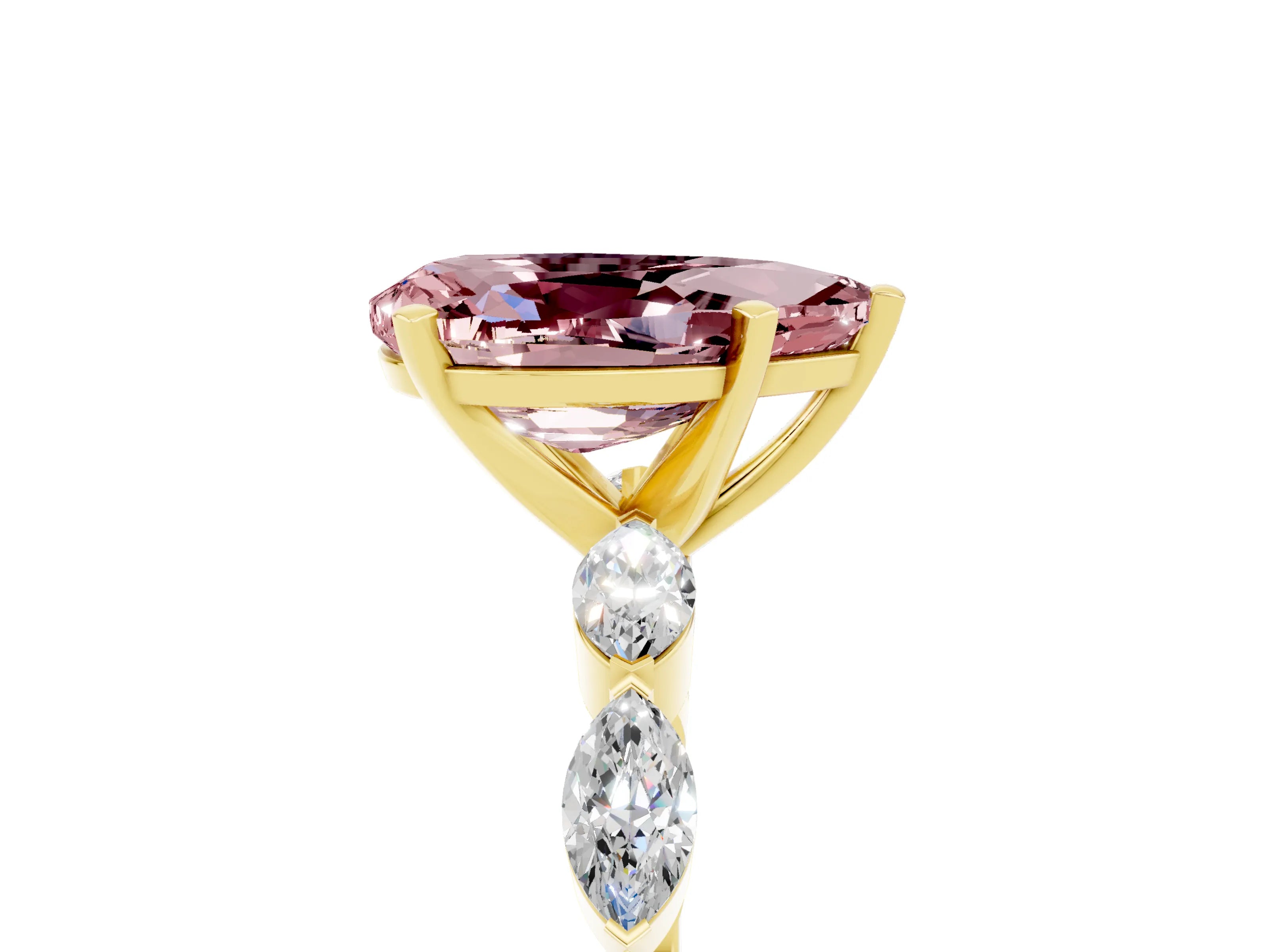 Yellow gold Pear Cut Morganite Ring with Marquise Side Stones and Prong Setting_5