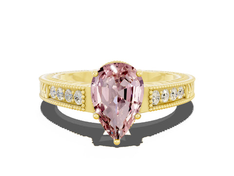 Yellow gold Pear Cut Morganite Ring with Milgrain Pavé Band and Four-Prong Setting_12