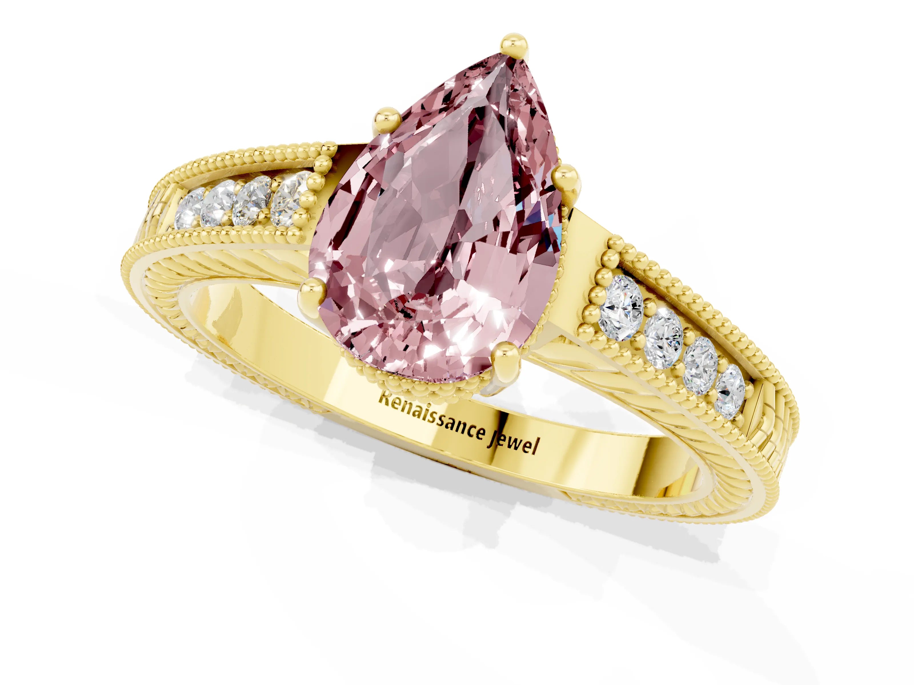 Yellow gold Pear Cut Morganite Ring with Milgrain Pavé Band and Four-Prong Setting_13