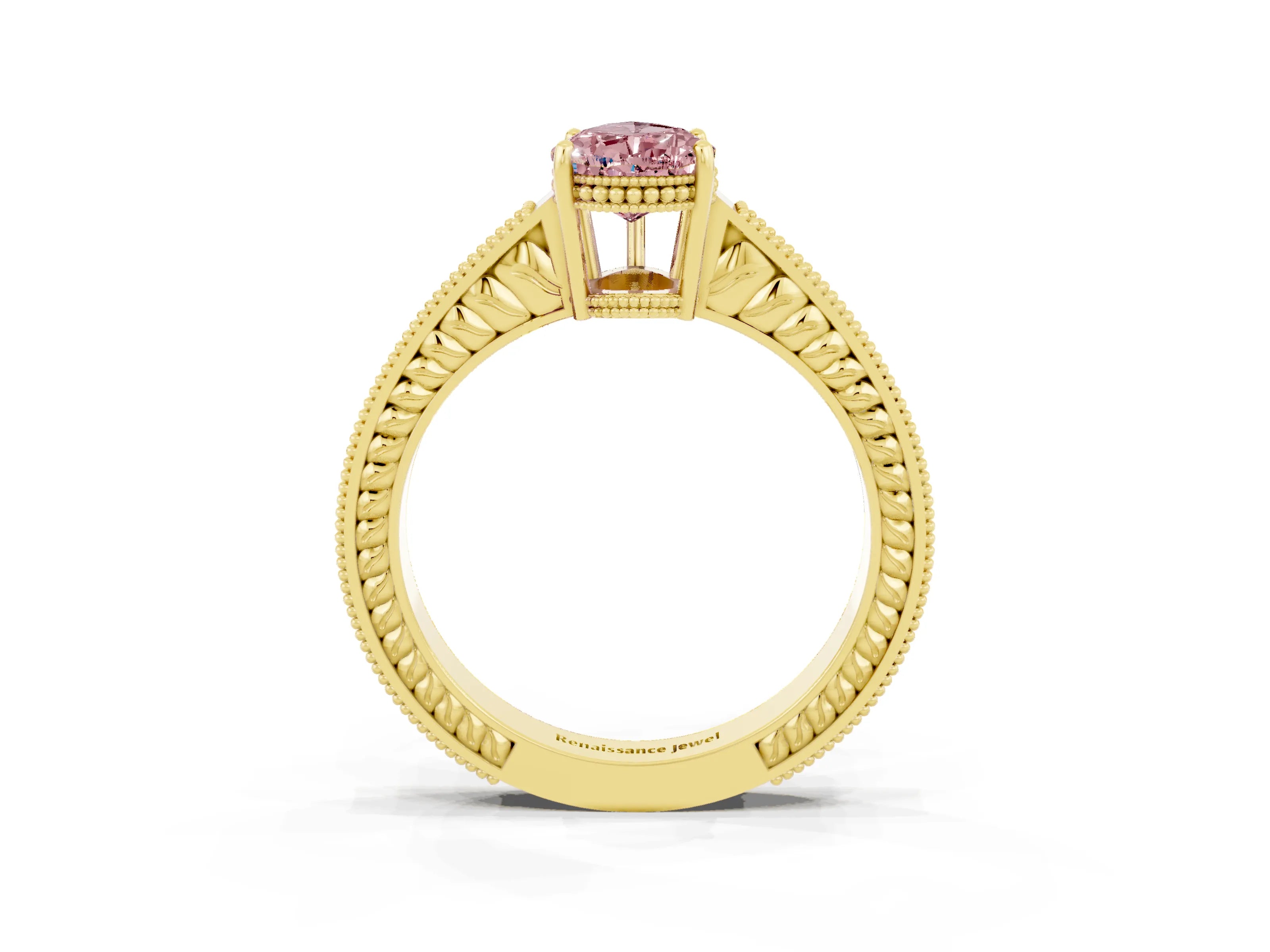 Yellow gold Pear Cut Morganite Ring with Milgrain Pavé Band and Four-Prong Setting_15