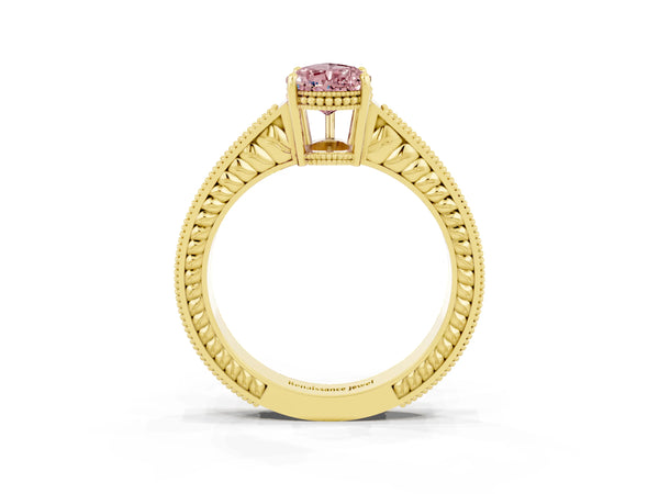 Yellow gold Pear Cut Morganite Ring with Milgrain Pavé Band and Four-Prong Setting