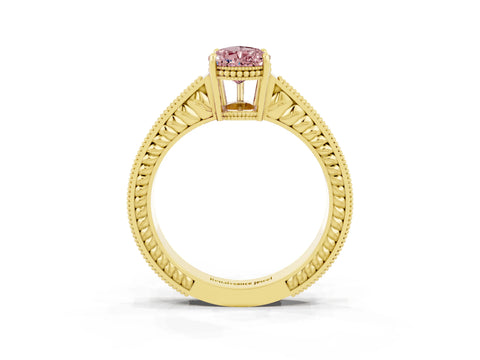 Yellow gold Pear Cut Morganite Ring with Milgrain Pavé Band and Four-Prong Setting_15