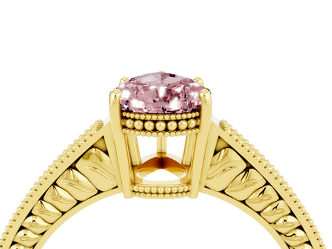 Yellow gold Pear Cut Morganite Ring with Milgrain Pavé Band and Four-Prong Setting_16