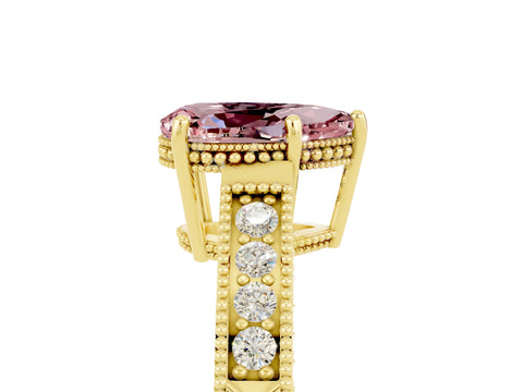 Yellow gold Pear Cut Morganite Ring with Milgrain Pavé Band and Four-Prong Setting_17
