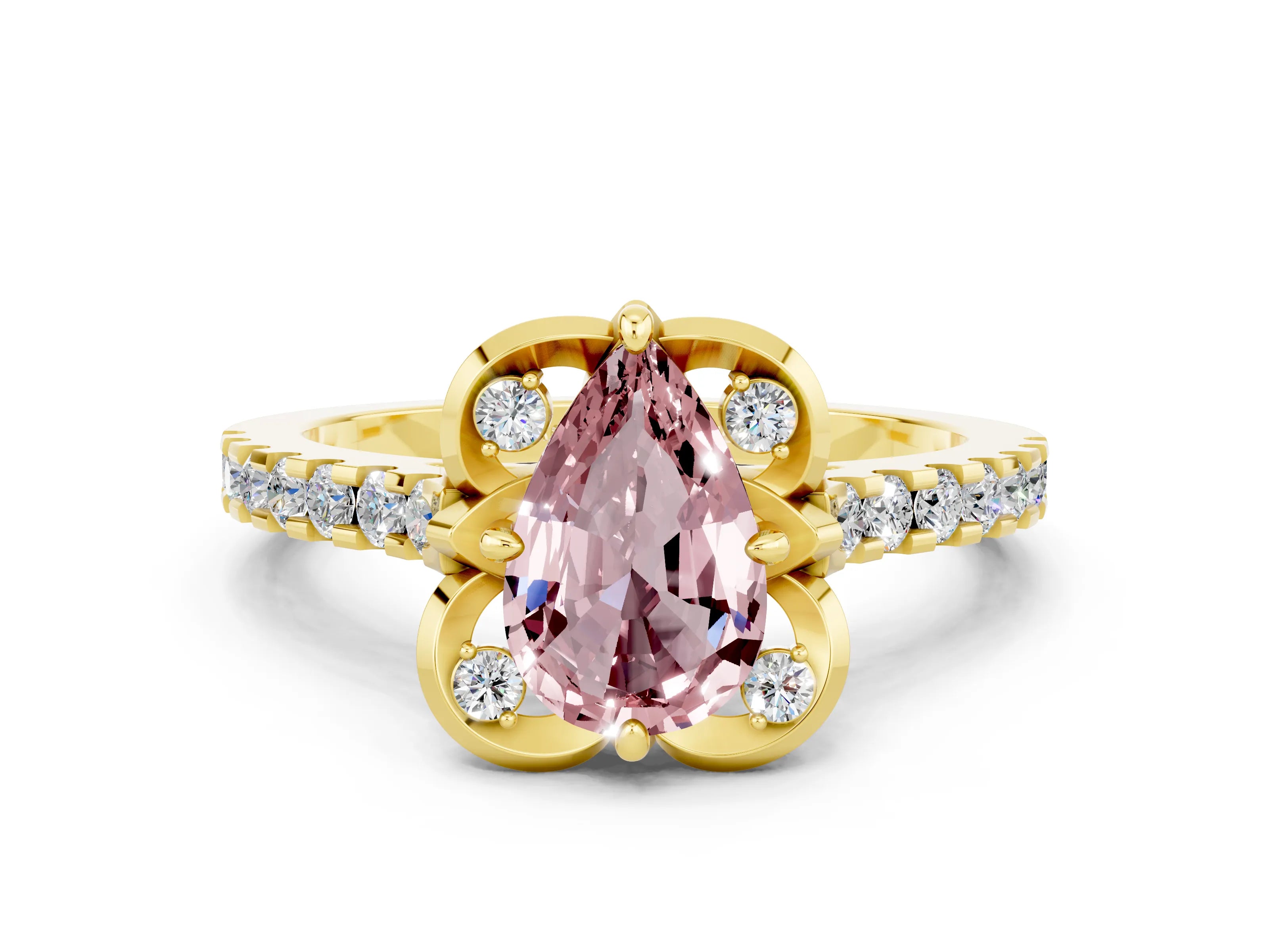 Yellow gold Pear Cut Morganite Ring with Pavé Band and Floral Prong Setting
