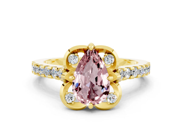 Yellow gold Pear Cut Morganite Ring with Pavé Band and Floral Prong Setting