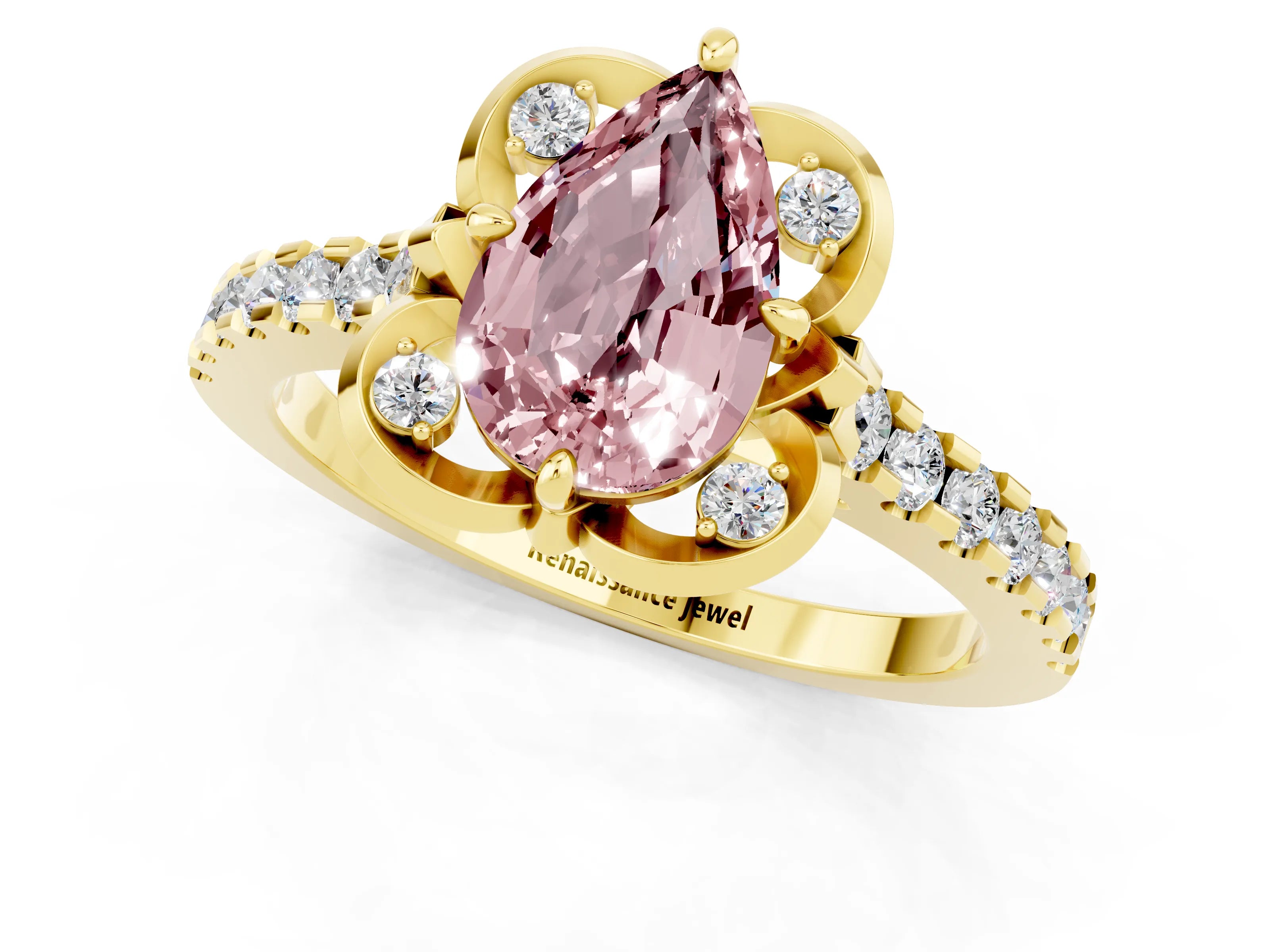 Yellow gold Pear Cut Morganite Ring with Pavé Band and Floral Prong Setting_1