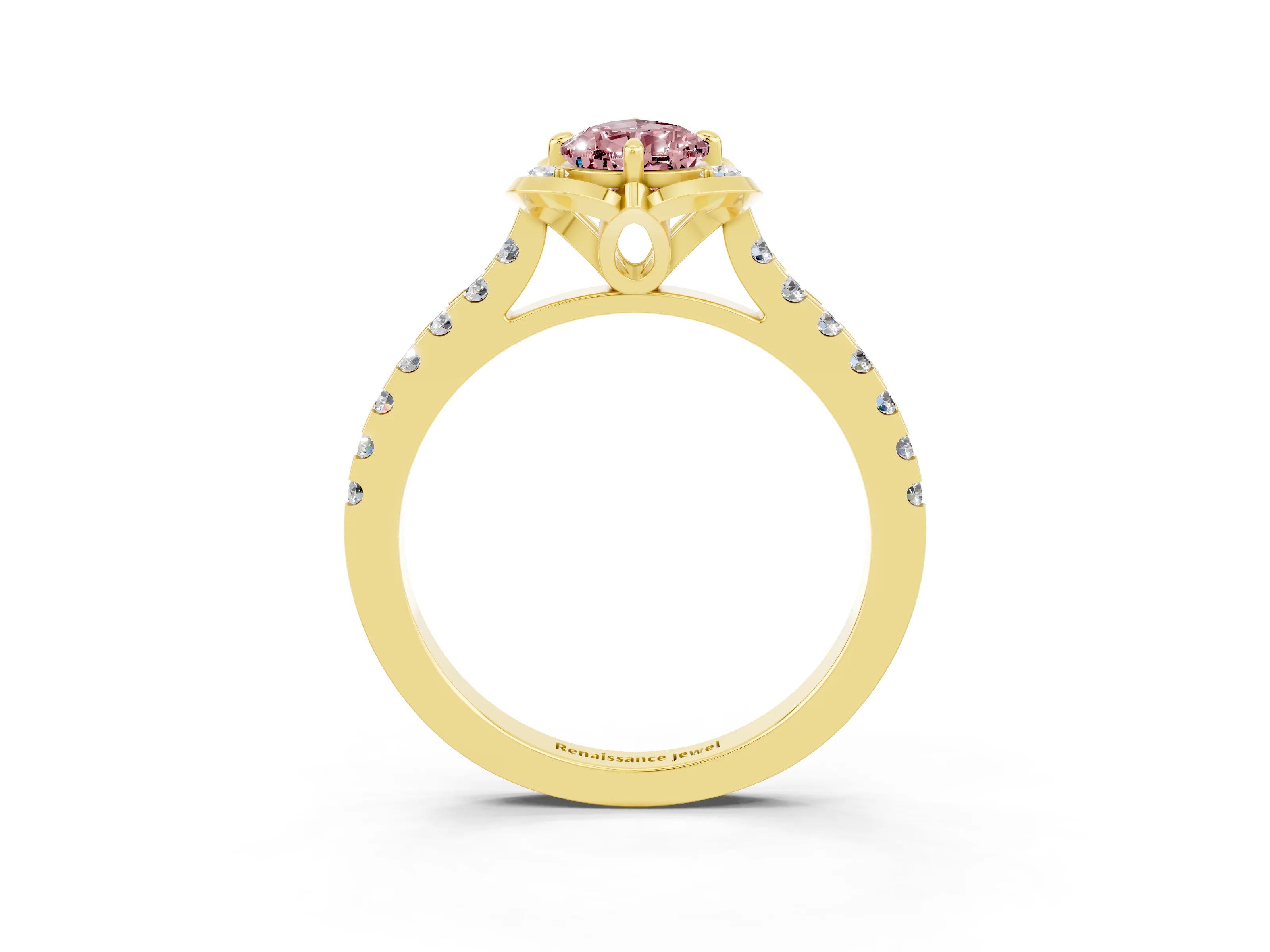 Yellow gold Pear Cut Morganite Ring with Pavé Band and Floral Prong Setting_3