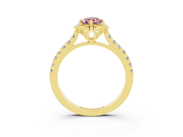 Yellow gold Pear Cut Morganite Ring with Pavé Band and Floral Prong Setting