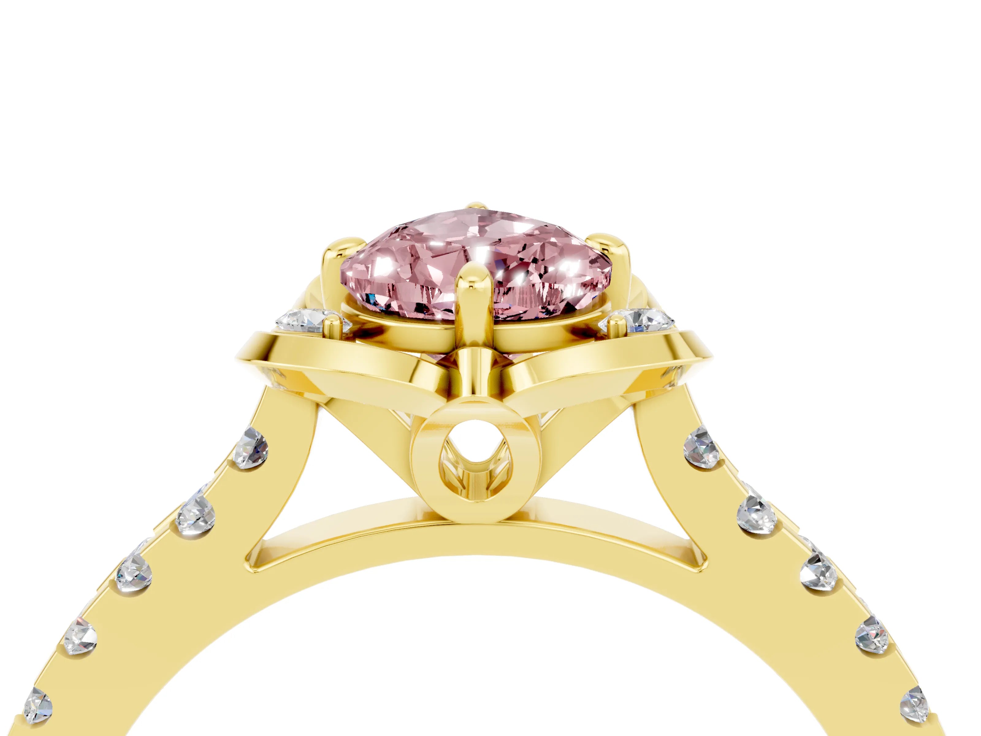 Yellow gold Pear Cut Morganite Ring with Pavé Band and Floral Prong Setting_4