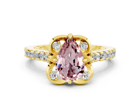 Yellow gold Pear Cut Morganite Ring with Pavé Band and Floral Prong Setting