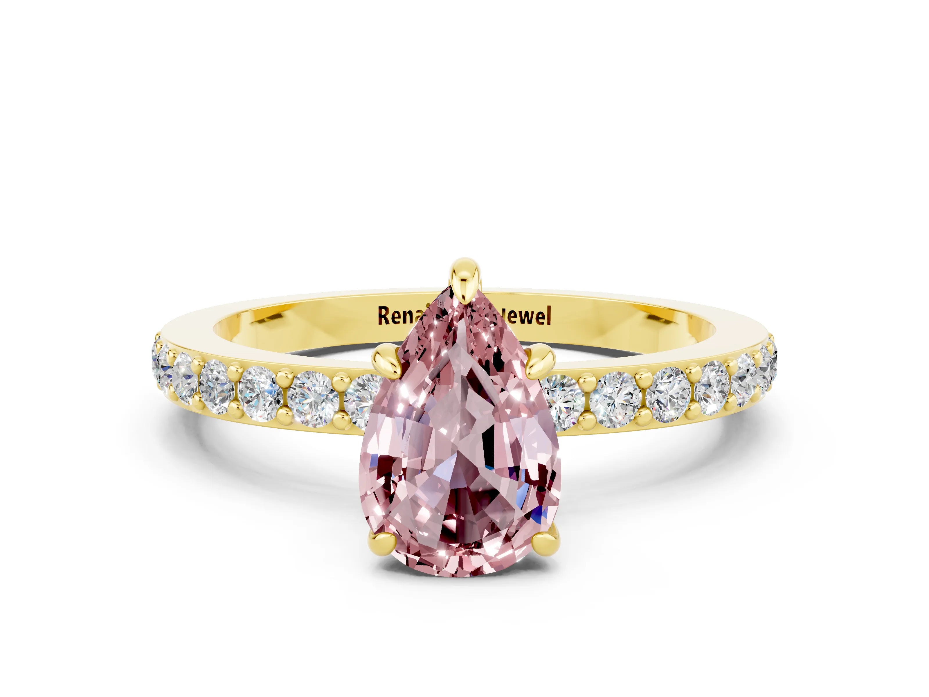 Yellow gold Pear Cut Morganite Ring with Pavé Band and Four-Prong Setting
