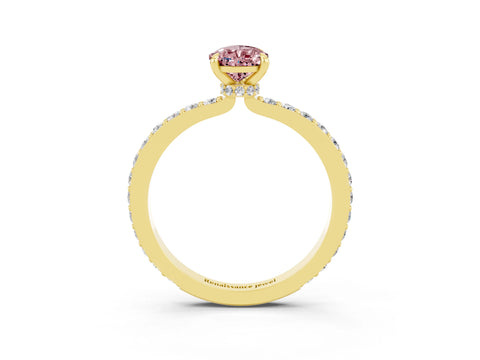 Yellow gold Pear Cut Morganite Ring with Pavé Band and Four-Prong Setting_3