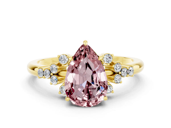 Yellow gold Pear Cut Morganite Ring with Side Stones and Four-Prong Setting