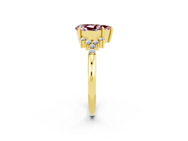 Yellow gold Pear Cut Morganite Ring with Side Stones and Four-Prong Setting