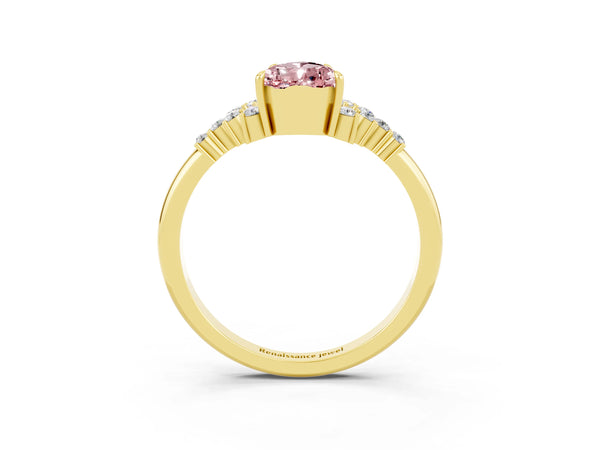 Yellow gold Pear Cut Morganite Ring with Side Stones and Four-Prong Setting