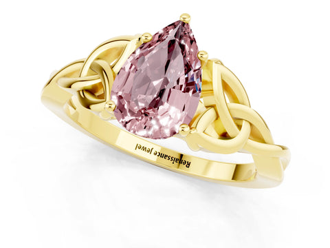 Yellow gold Pear Cut Morganite Solitaire Celtic Knot Ring with Four-Prong Setting_13