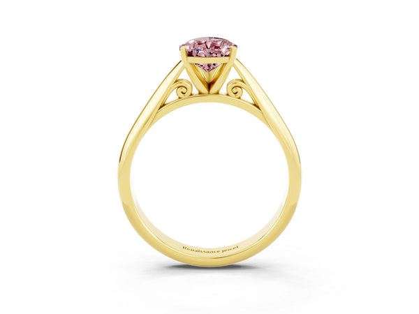 Yellow gold Pear Cut Morganite Solitaire Engagement Ring with Cathedral Setting and Four-Prong Mount