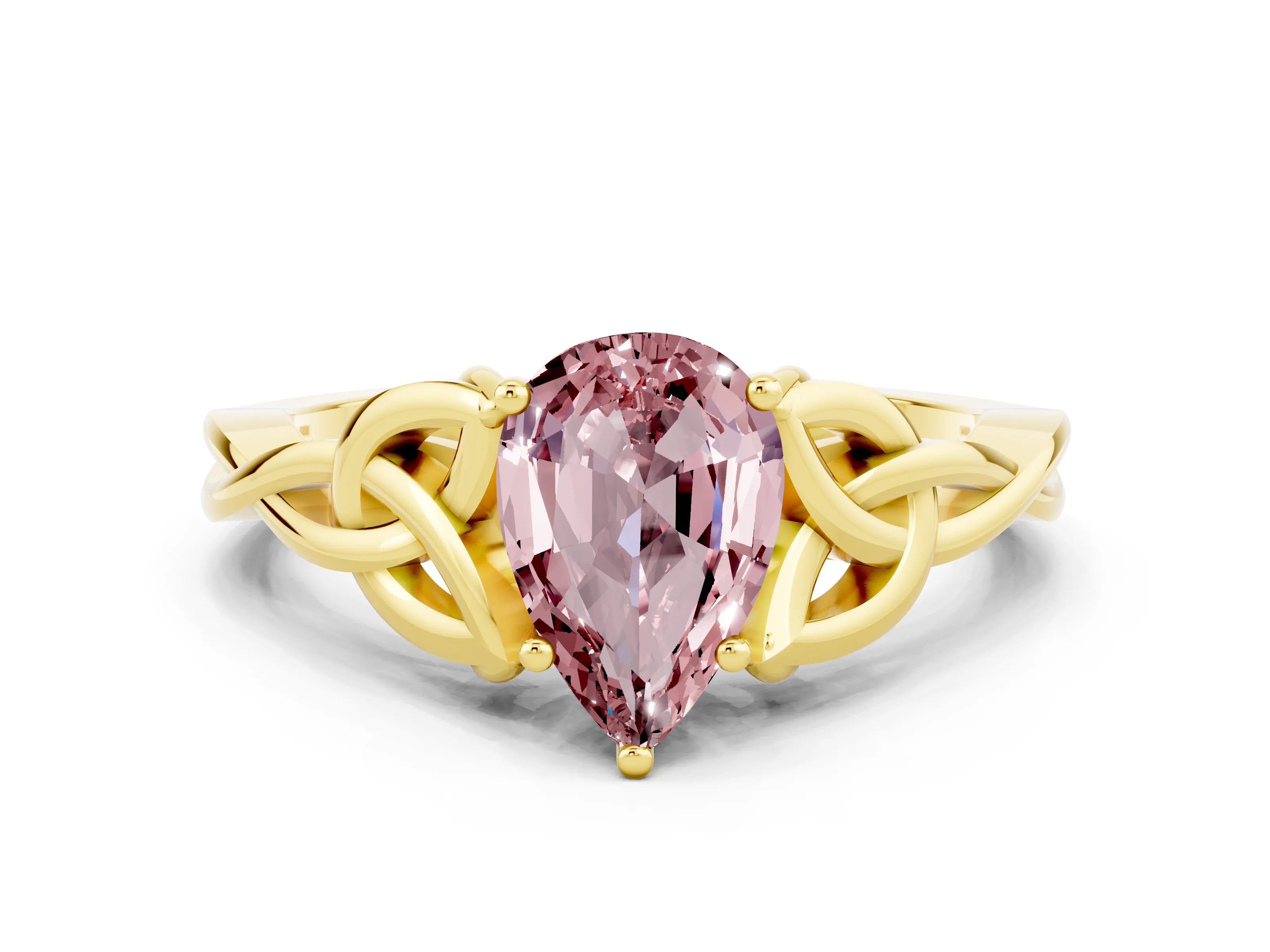 Yellow gold Pear Cut Morganite Solitaire Engagement Ring with Celtic Knot Band and Four-Prong Setting