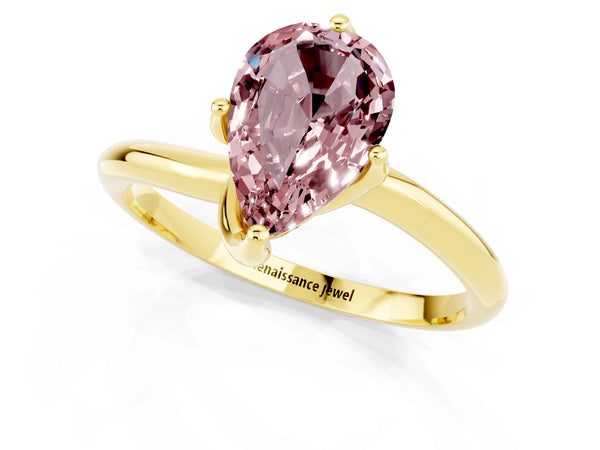 Yellow gold Pear Cut Morganite Solitaire Engagement Ring with Four-Prong Setting and Classic Band