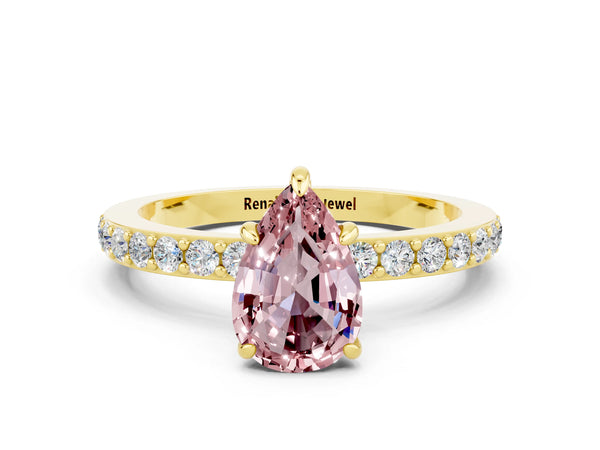 Yellow gold Pear Cut Morganite Solitaire Engagement Ring with Pavé Band and Four-Prong Setting
