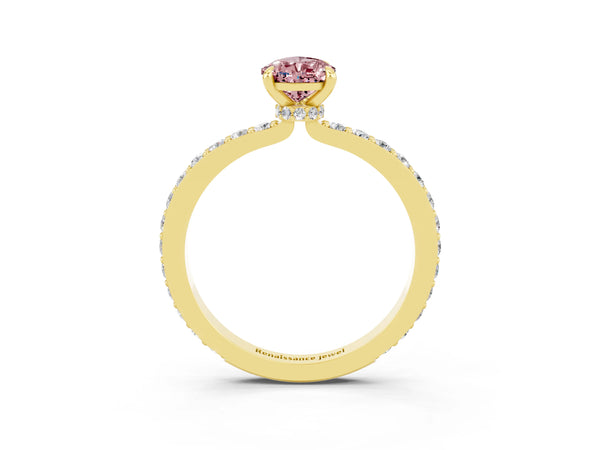 Yellow gold Pear Cut Morganite Solitaire Engagement Ring with Pavé Band and Four-Prong Setting