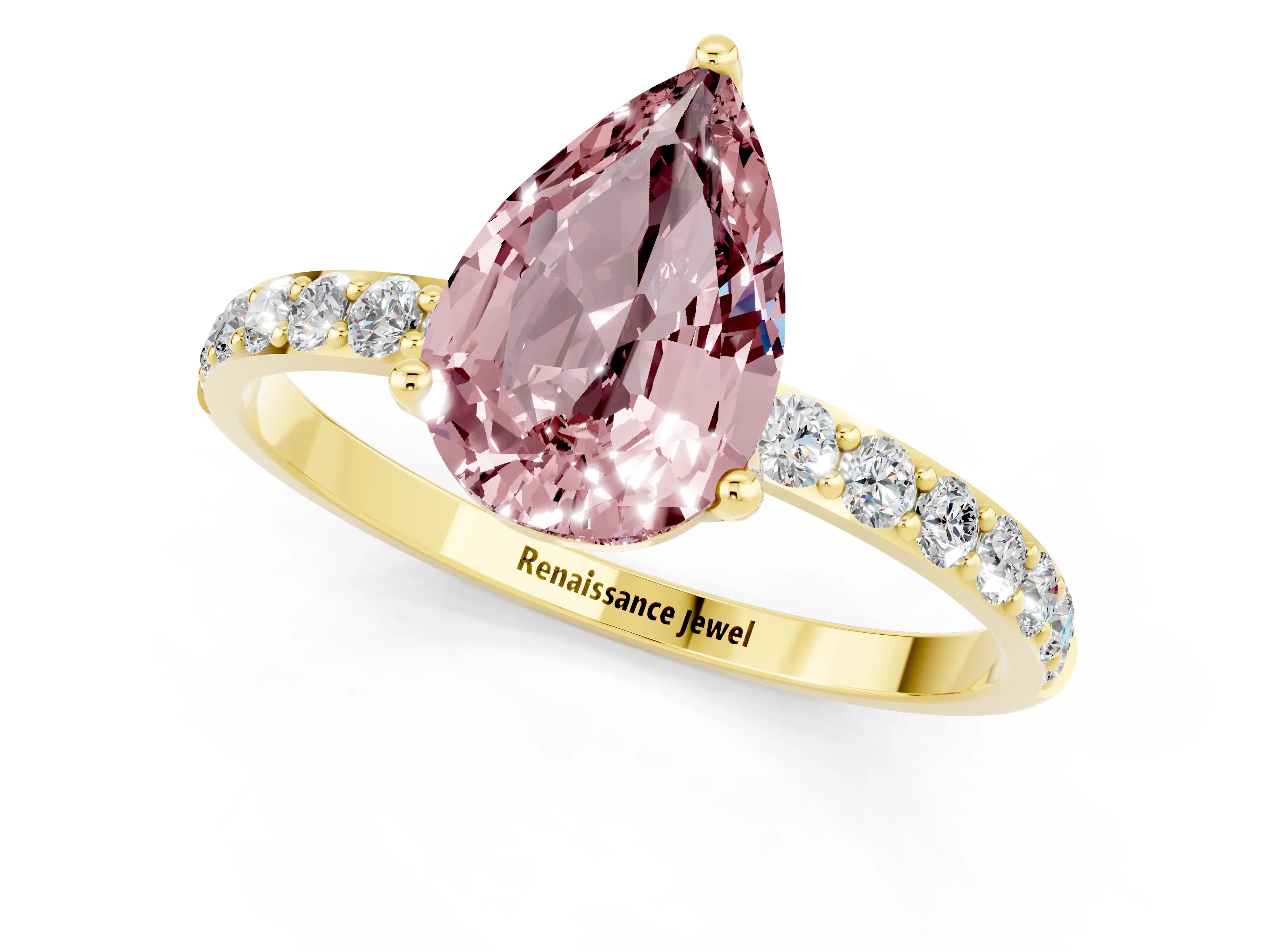 Yellow gold Pear Cut Morganite Solitaire Engagement Ring with Pavé Band and Prong Setting_1