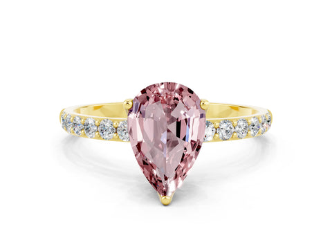 Yellow gold Pear Cut Morganite Solitaire Engagement Ring with Pavé Band and Prong Setting