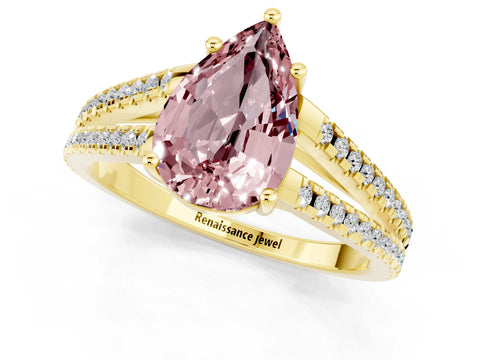 Yellow gold Pear Cut Morganite Solitaire Engagement Ring with Split Shank Pavé Band_1