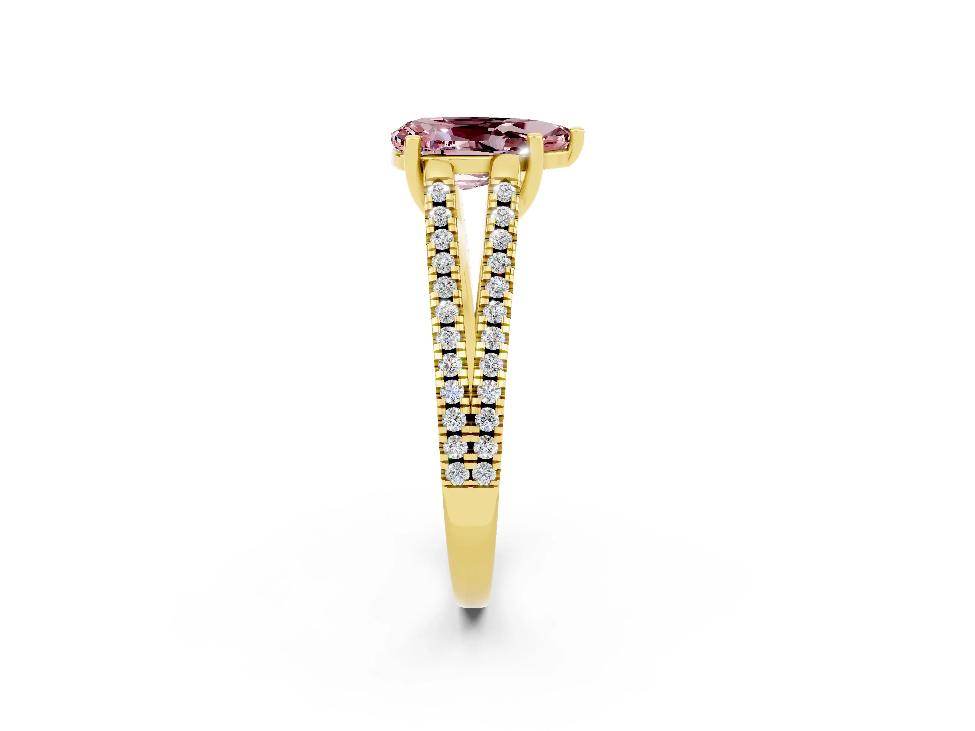 Yellow gold Pear Cut Morganite Solitaire Engagement Ring with Split Shank Pavé Band_2