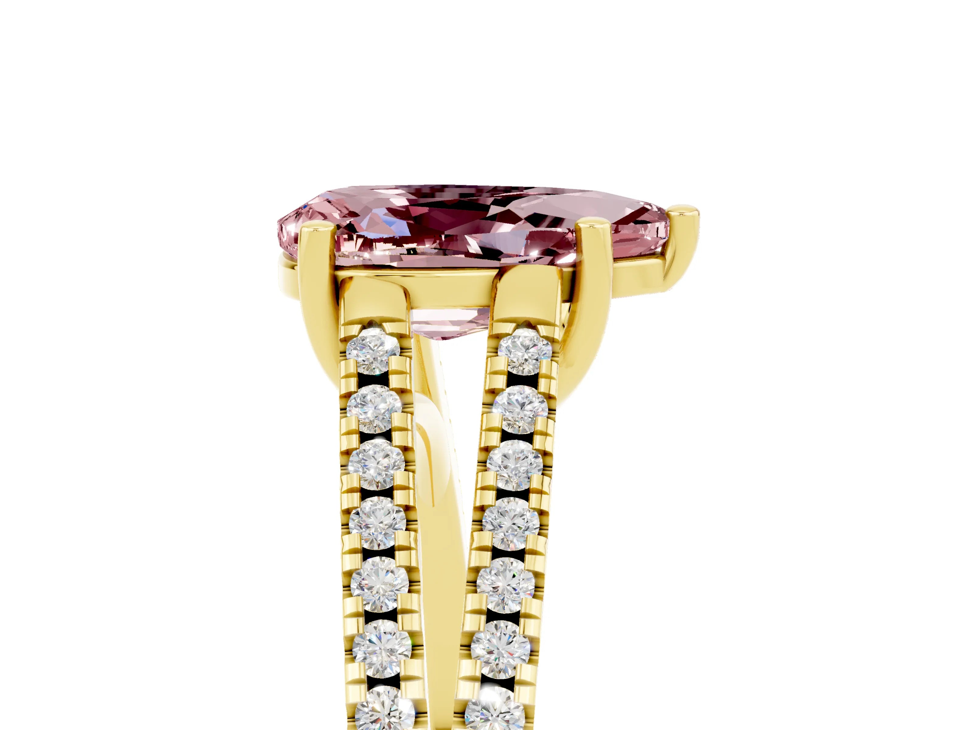Yellow gold Pear Cut Morganite Solitaire Engagement Ring with Split Shank Pavé Band_5