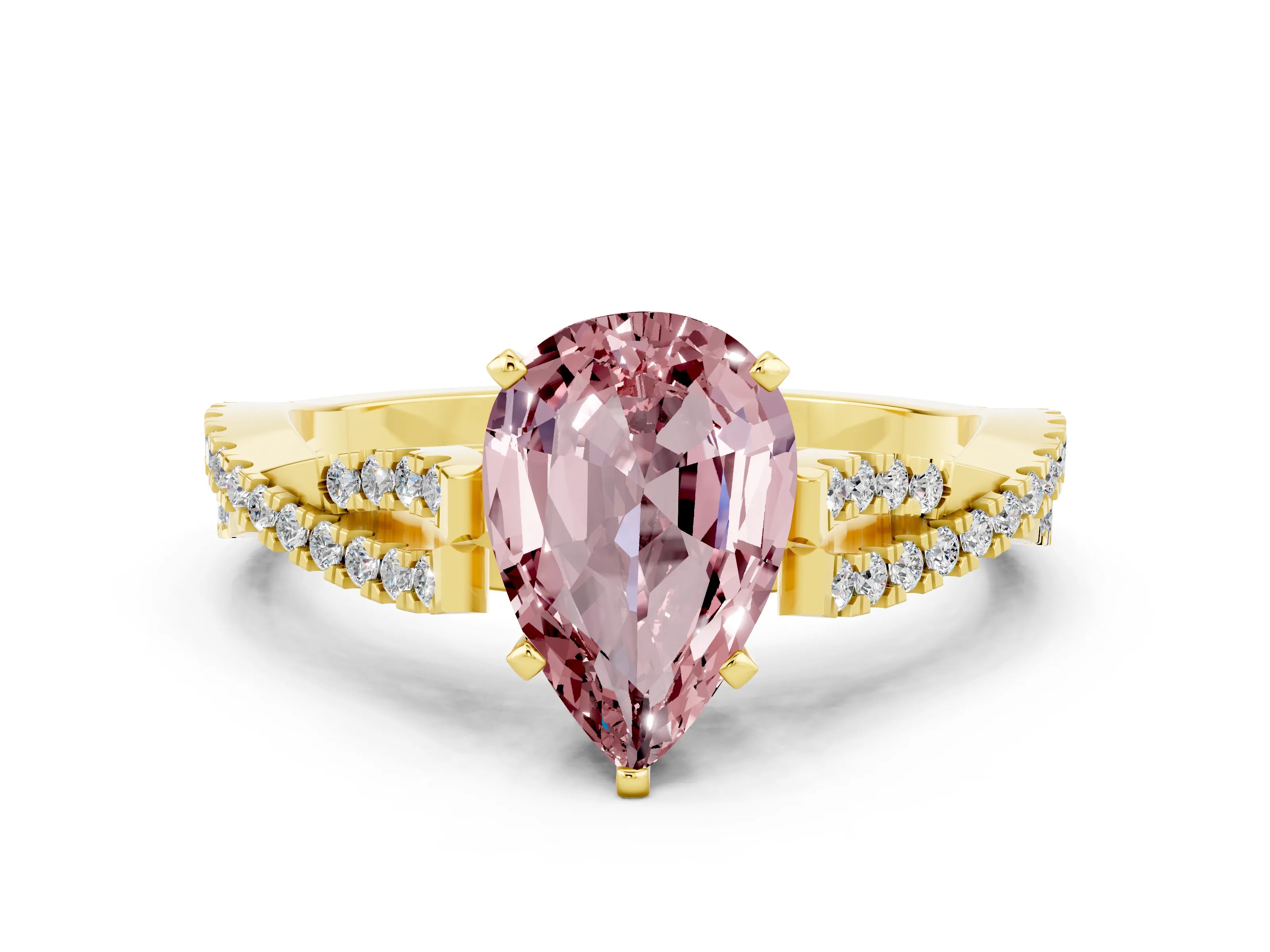 Yellow gold Pear Cut Morganite Solitaire Engagement Ring with Twisted Pavé Band and Four-Prong Setting