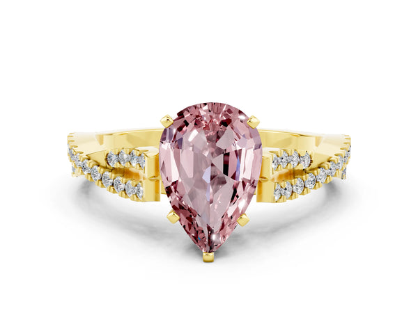 Yellow gold Pear Cut Morganite Solitaire Engagement Ring with Twisted Pavé Band and Four-Prong Setting