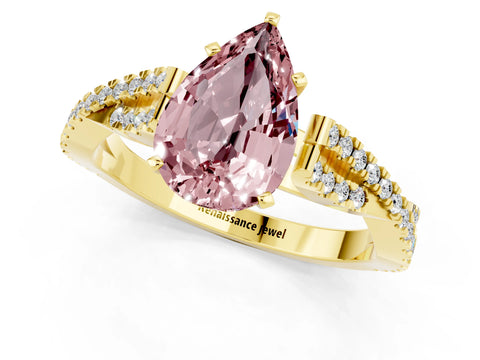 Yellow gold Pear Cut Morganite Solitaire Engagement Ring with Twisted Pavé Band and Four-Prong Setting_1