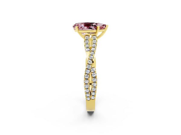 Yellow gold Pear Cut Morganite Solitaire Engagement Ring with Twisted Pavé Band and Four-Prong Setting