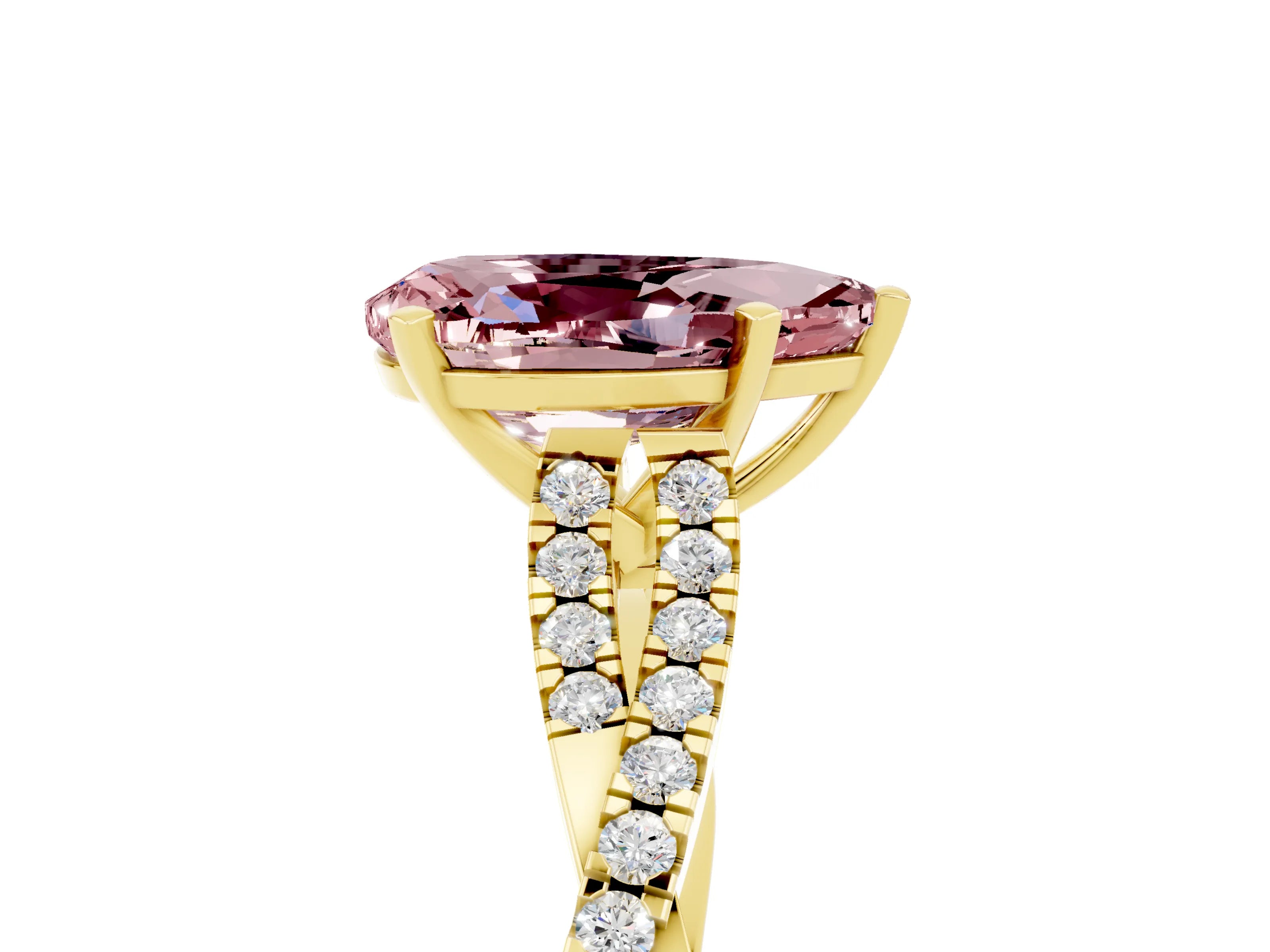 Yellow gold Pear Cut Morganite Solitaire Engagement Ring with Twisted Pavé Band and Four-Prong Setting_5