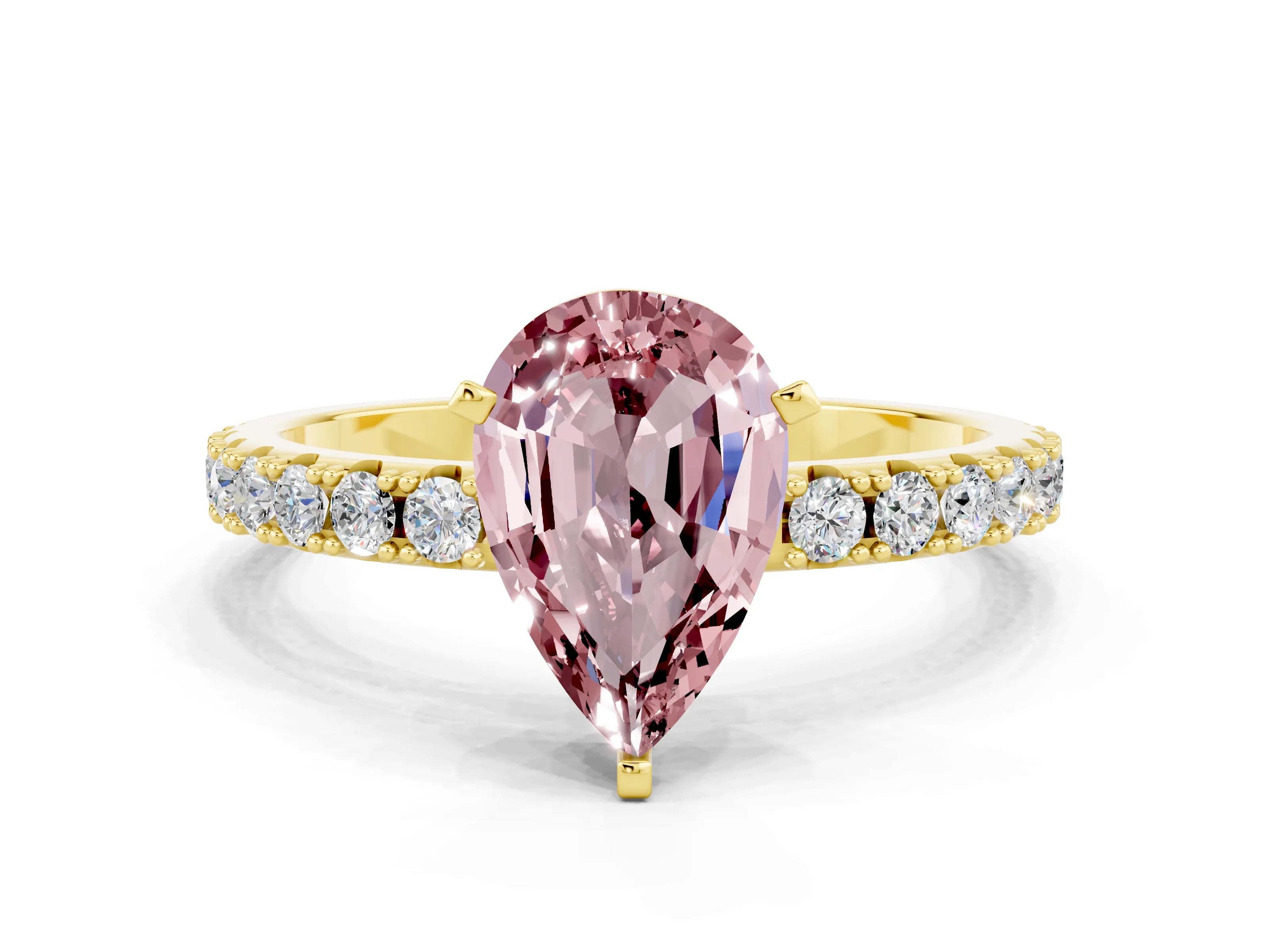 Yellow gold Pear Cut Morganite Solitaire Pavé Band with Four-Prong Setting