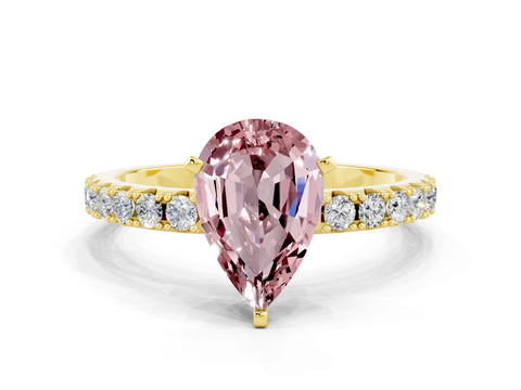 Yellow gold Pear Cut Morganite Solitaire Pavé Band with Four-Prong Setting