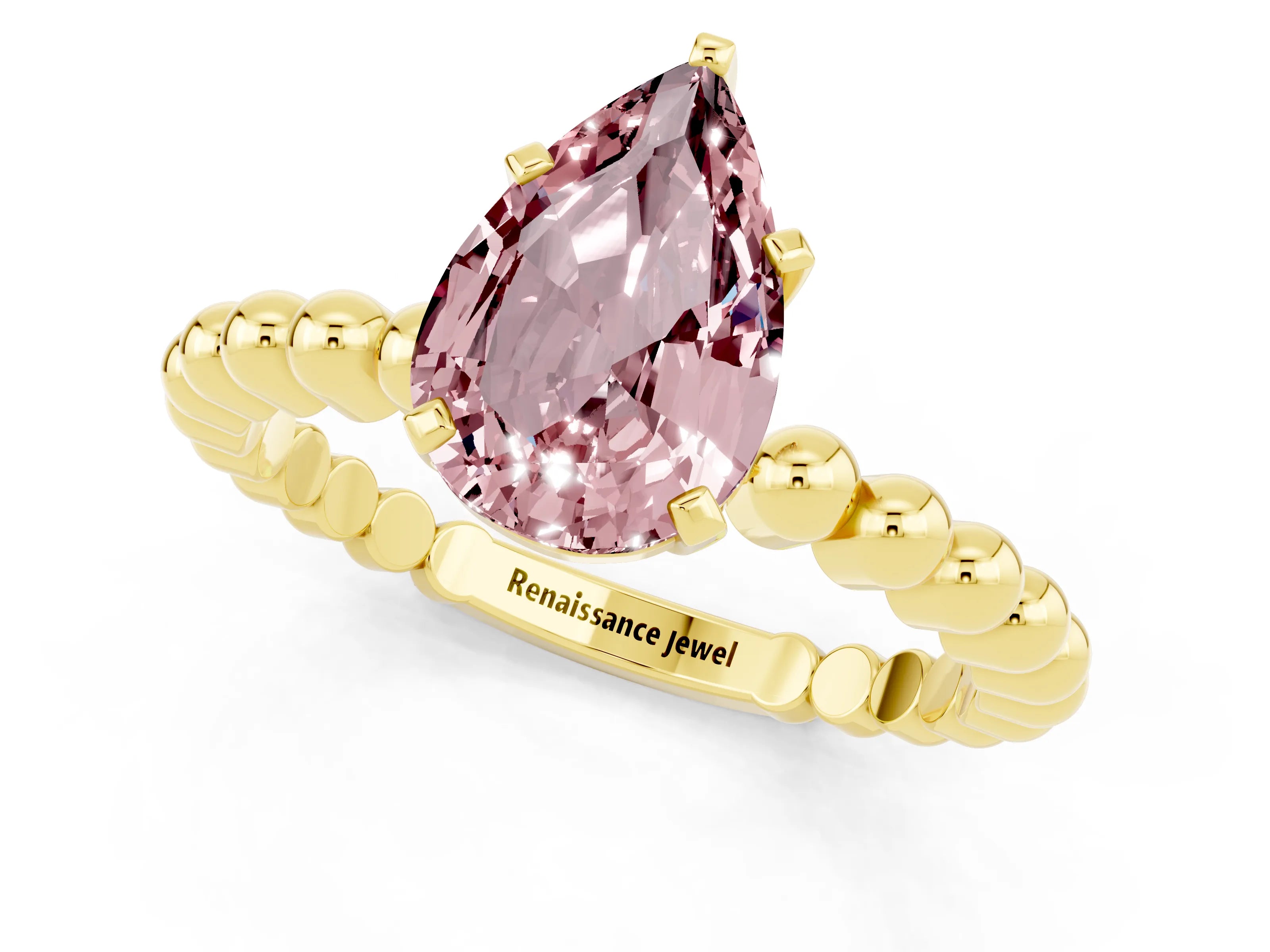 Yellow gold Pear Cut Morganite Solitaire Ring with Beaded Band and Prong Setting_1