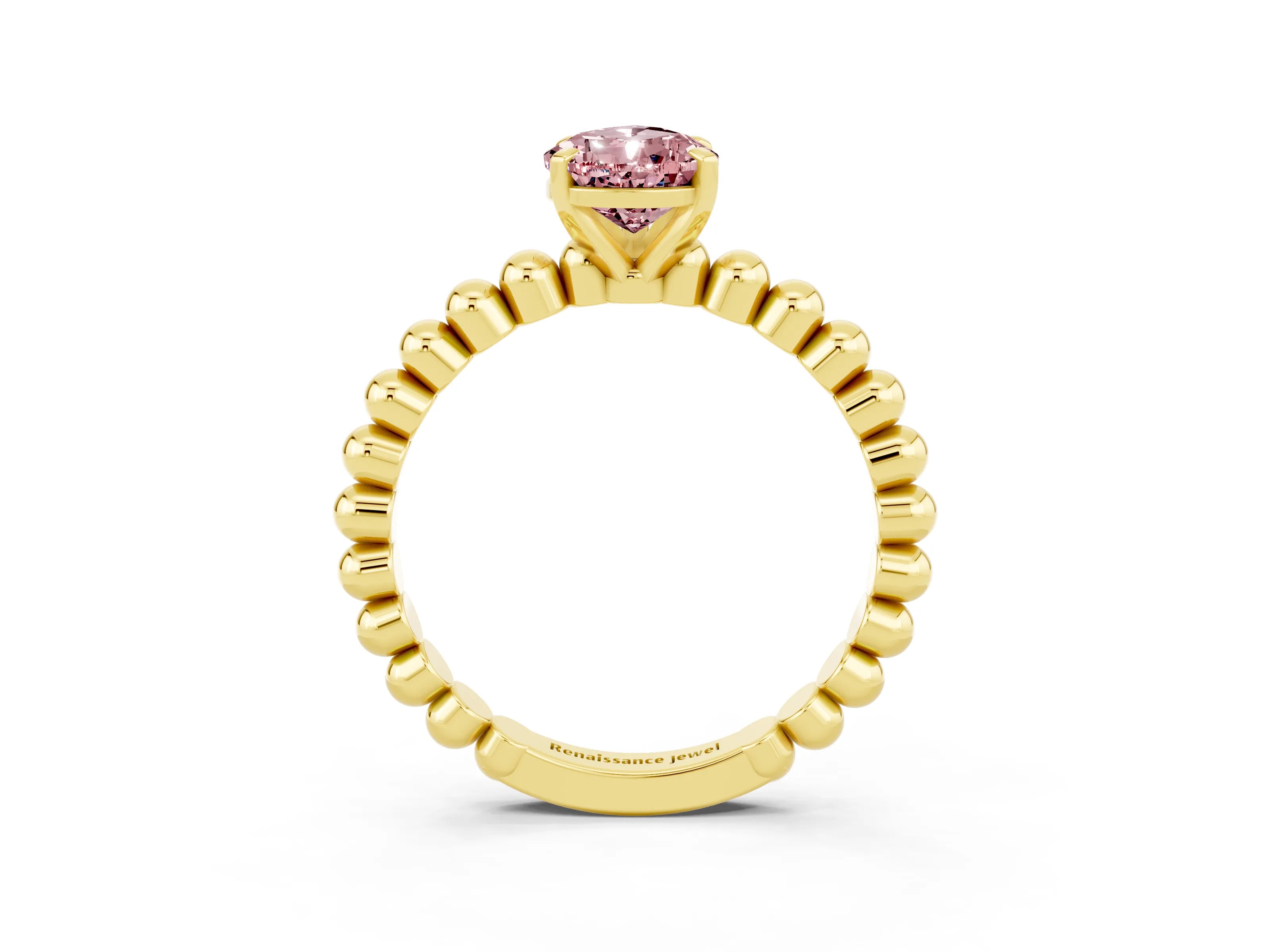 Yellow gold Pear Cut Morganite Solitaire Ring with Beaded Band and Prong Setting_3