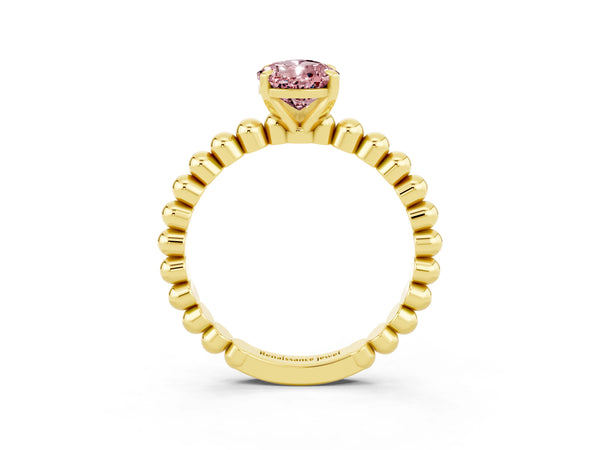 Yellow gold Pear Cut Morganite Solitaire Ring with Beaded Band and Prong Setting