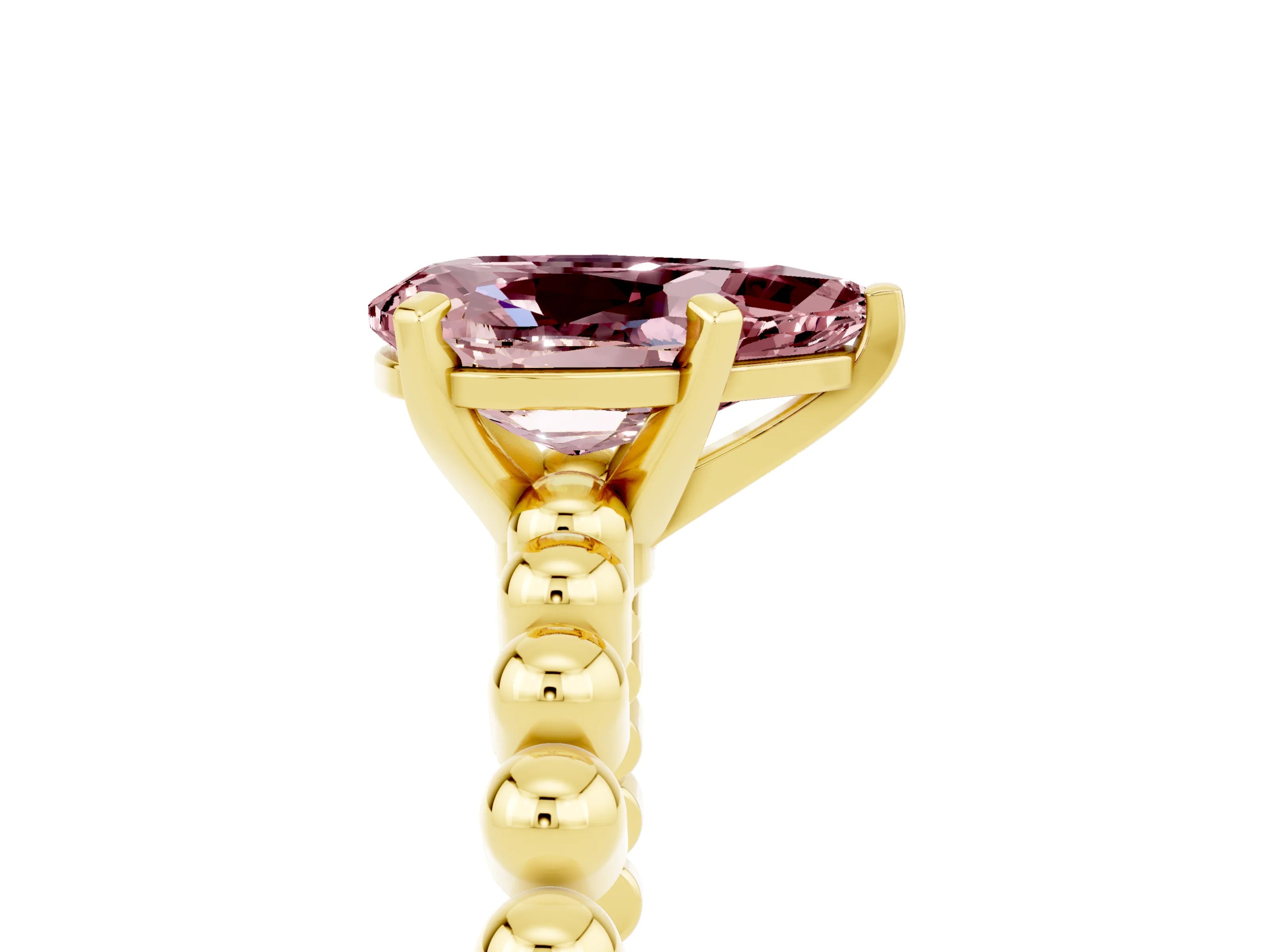 Yellow gold Pear Cut Morganite Solitaire Ring with Beaded Band and Prong Setting_5