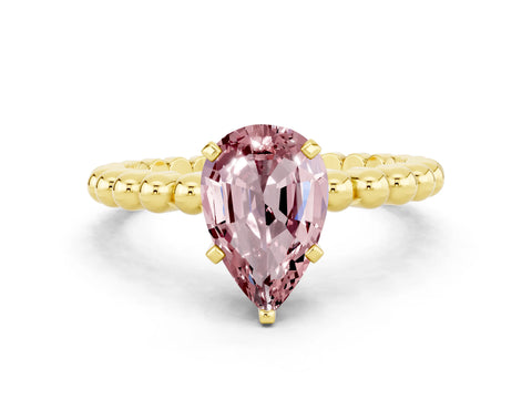 Yellow gold Pear Cut Morganite Solitaire Ring with Beaded Band and Prong Setting