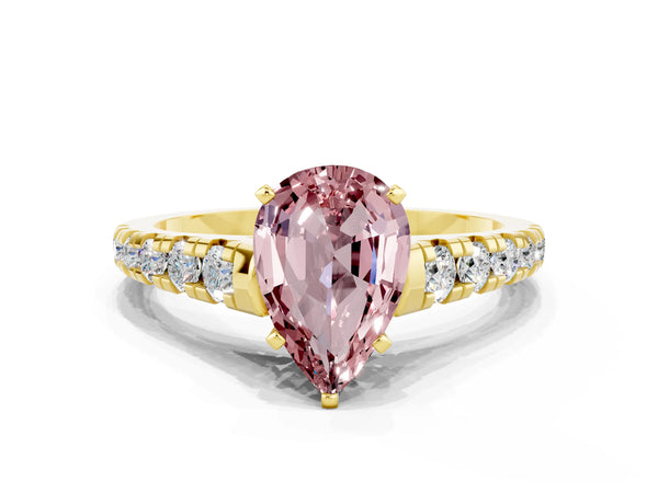 Yellow gold Pear Cut Morganite Cathedral Solitaire Ring with Round  Pavé Band