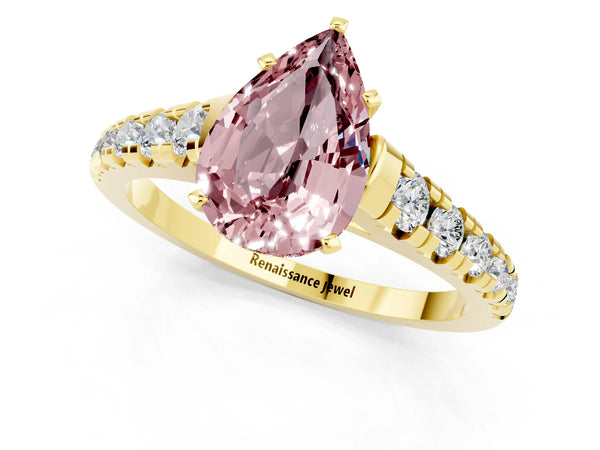 Yellow gold Pear Cut Morganite Cathedral Solitaire Ring with Round  Pavé Band