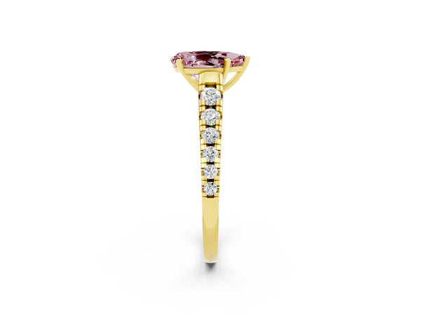 Yellow gold Pear Cut Morganite Cathedral Solitaire Ring with Round  Pavé Band