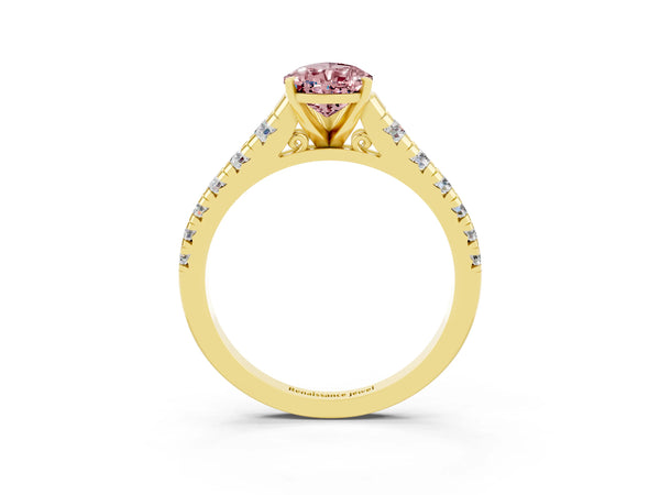 Yellow gold Pear Cut Morganite Cathedral Solitaire Ring with Round  Pavé Band